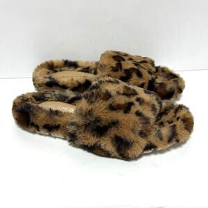 J Slides Women’s Leopard Animal Print Faux Fur Slides Slippers Size 7